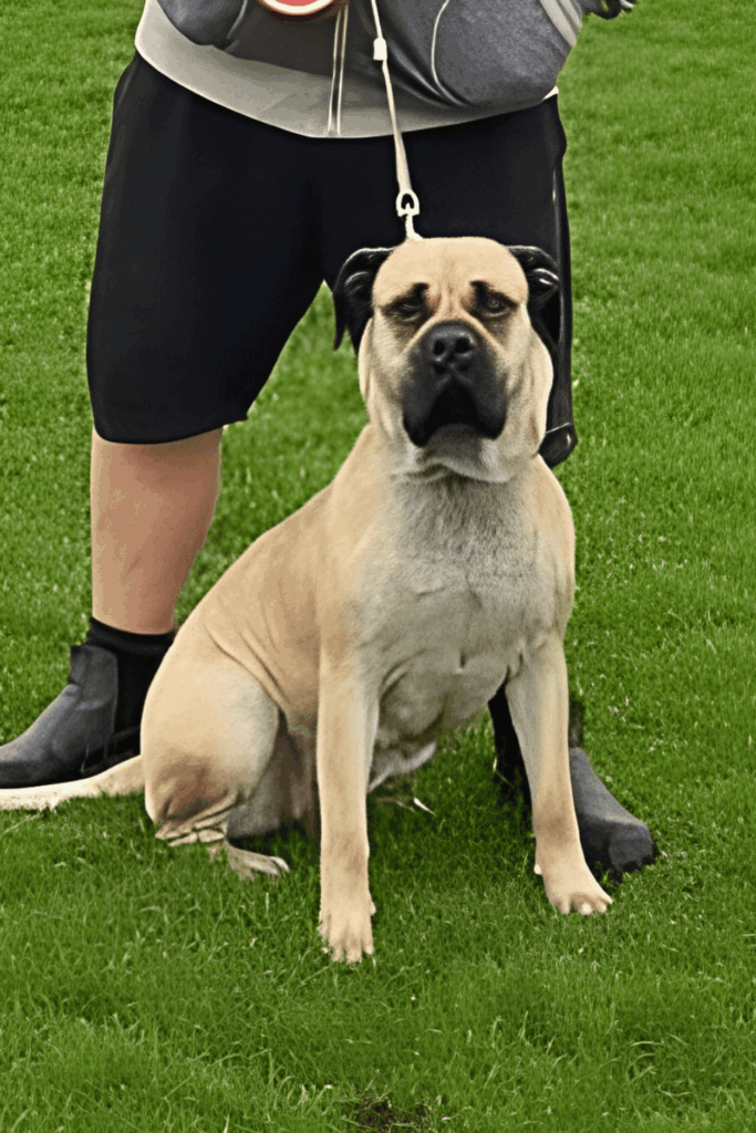 Large fawn-coloured mastiff-type dog with a black muzzle, sitting on a lead in a garden, part of a Springfield Pet Cremation memorial tribute